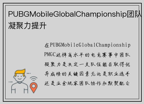 PUBGMobileGlobalChampionship团队凝聚力提升